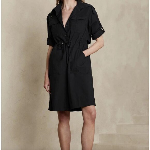 Banana Republic Womens Small Black Trench Back Shirt Dress Roll Tab Sleeve - Picture 2 of 16